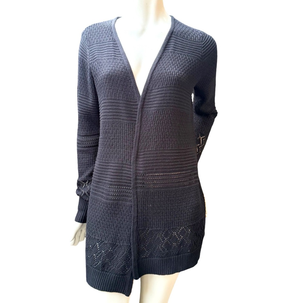 Kismet Cardigan Open Front Pointelle Knit Black Boho Coastal Grandchild Sz S